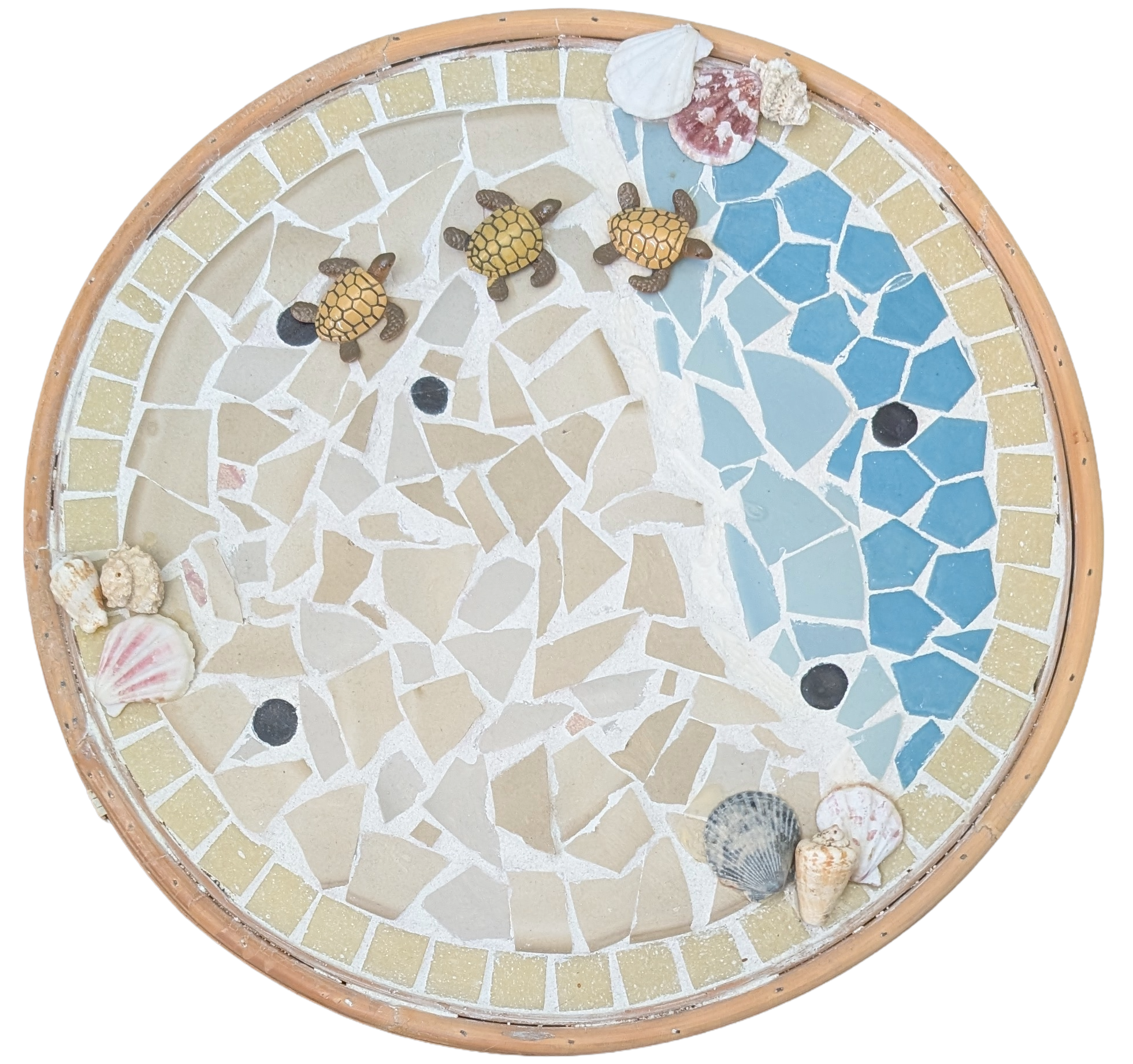 Handcrafted mosaic accent table with vibrant hand-placed tiles and wooden legs - top