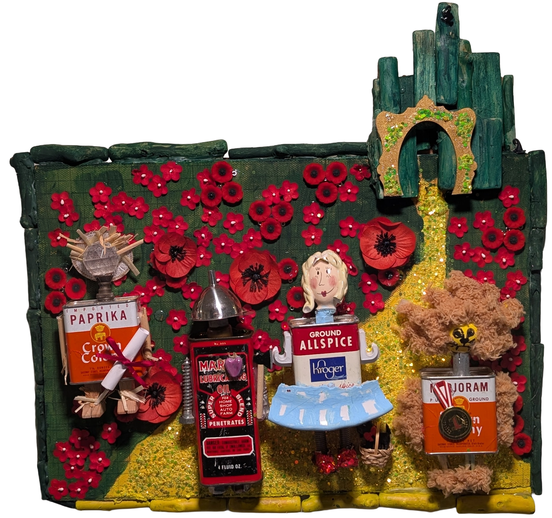 Handcrafted assemblage inspired by The Wizard of Oz using repurposed kitchen items and spice tins