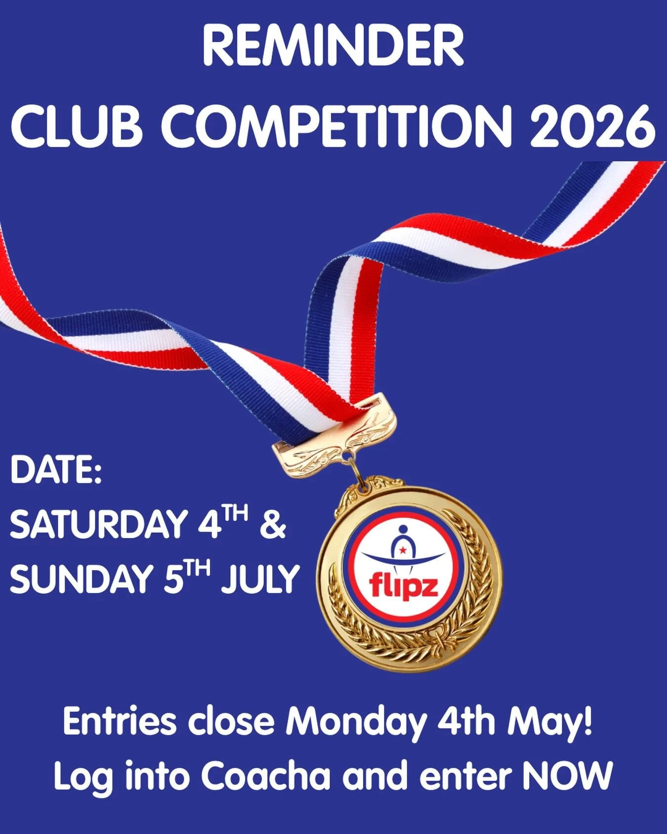 🎖 POLITE REMINDER 🎖
Entries for the Flipz Club Competition close NEXT MONDAY 4th MAY! 🗓️⏰

Please ensure all entries are submitted and paid for by the end of Monday to guarantee your gymnast&rsquo;s place in the programme 🤸&zwj;♀️✅

📝 We&rsquo;l