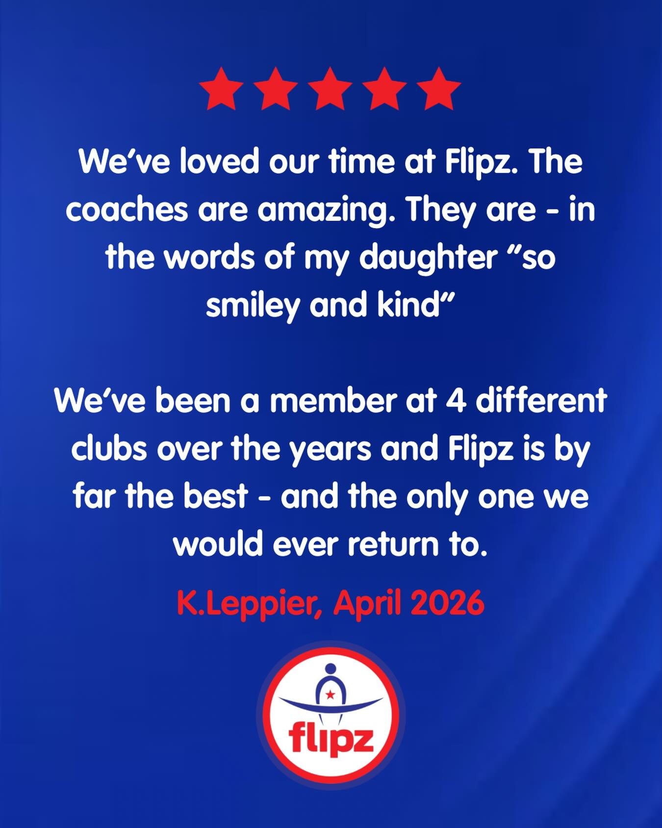 🌟 Feedback Friday 🌟

What lovely feedback we received from a member recently ❤️💙

We&rsquo;re so grateful for your kind words and continued support, it means so much to our coaches and gymnasts! 🤸🏻&zwj;♀️✨

📍 Flipz Gymnastics Whitchurch, Ross-o