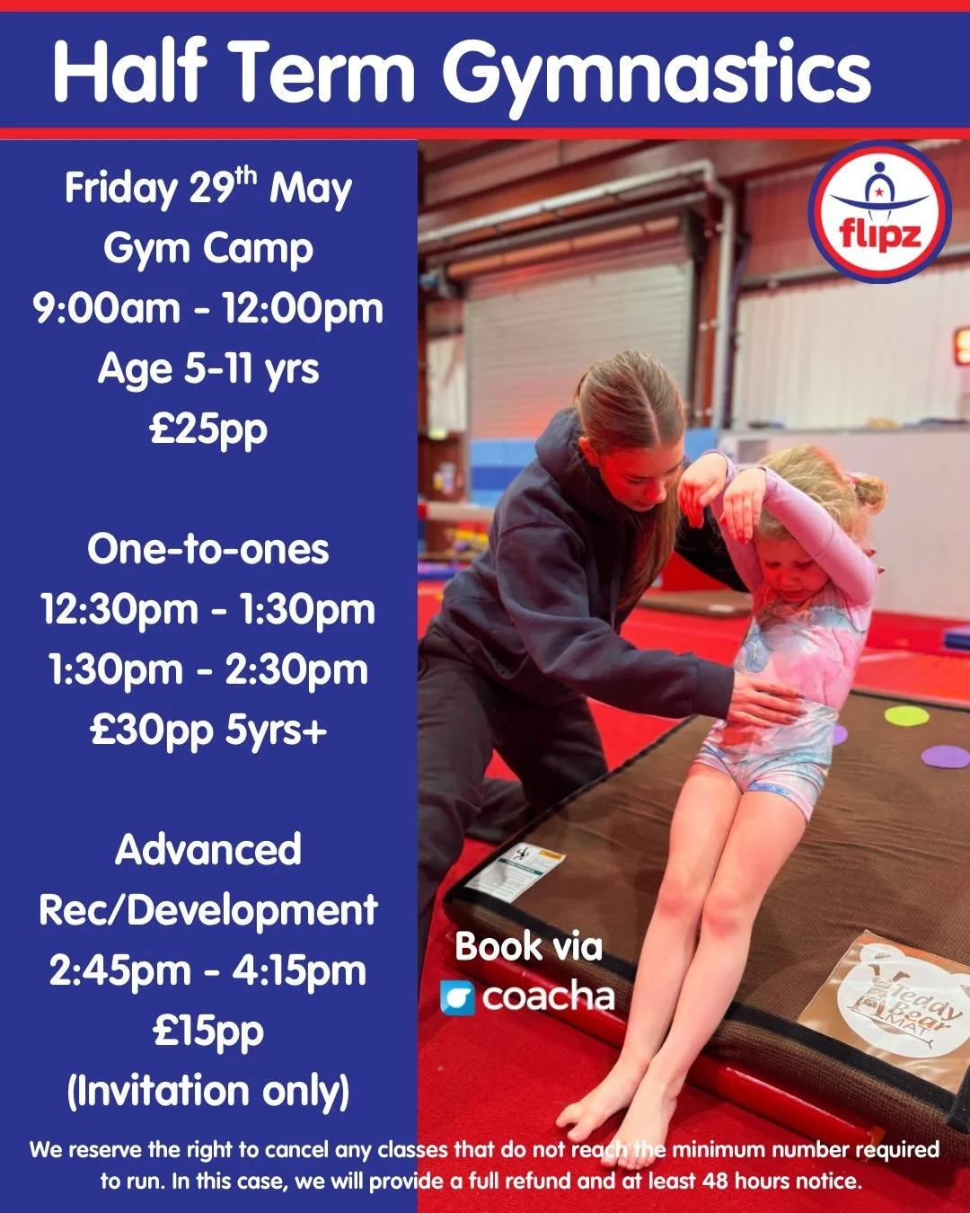 Flipz May Half Term Gymnastics 🤸&zwj;♀️ Book Online NOW! 📲✨

⭐️ Gym Camp (ages 5-11yrs) &pound;25pp
⭐️ One-to-ones (ages 5+) &pound;35pp
⭐️ Development &amp; Advanced Rec (Friday classes only) &pound;15pp

📲 Secure your space via Coacha: 
Member -