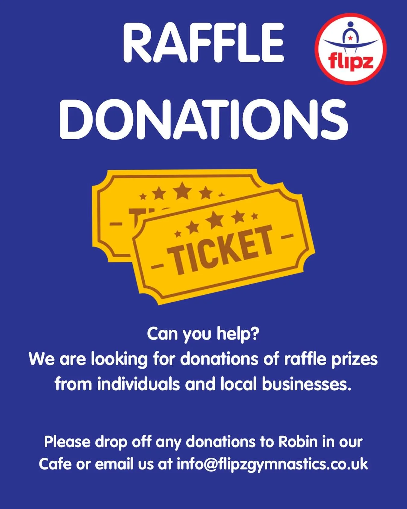 🎉 RAFFLE PRIZE DONATIONS NEEDED 🎉

Flipz Gymnastics Club is looking for raffle prize donations to help raise funds for new equipment at our annual club competition on Saturday 4th July.

We&rsquo;re seeking donations from gift vouchers, experiences
