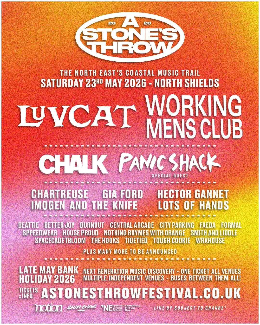 Poster for the A Stone's Throw music festival on May 23, 2026, in North Shields, featuring bands like Luvcat, Working Men's Club, Chalk, Panic Shack and others.