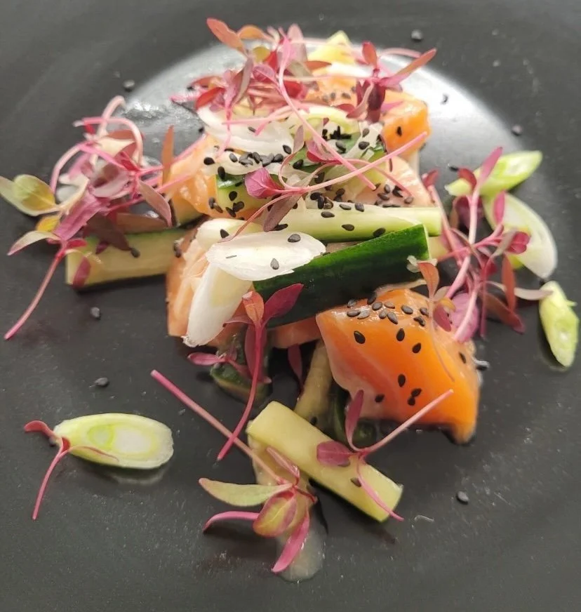 Miso marinated organic salmon with cucumber, spring onion, toasted black sesame seeds and amaranth 