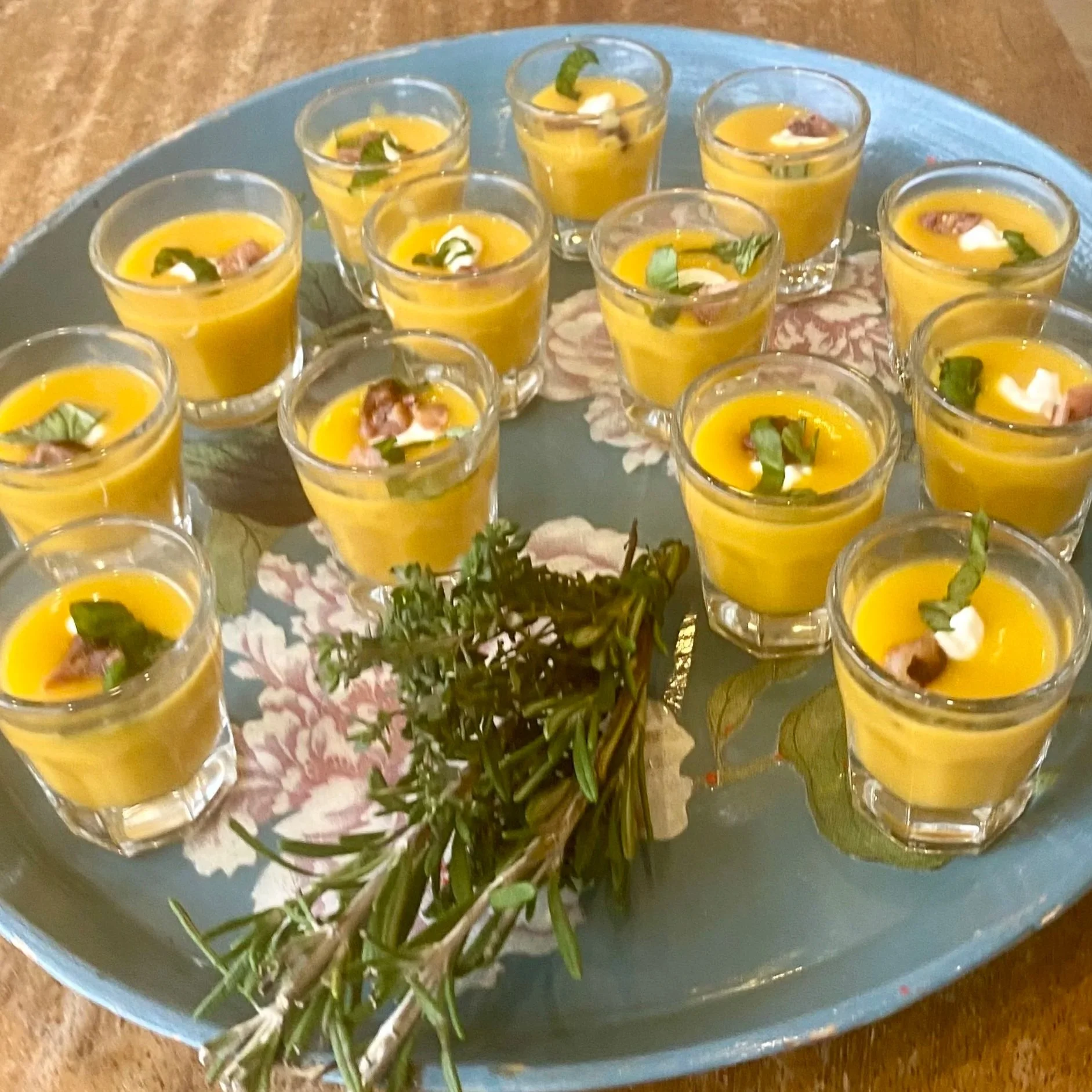 Butternut squash soup shot with pancetta