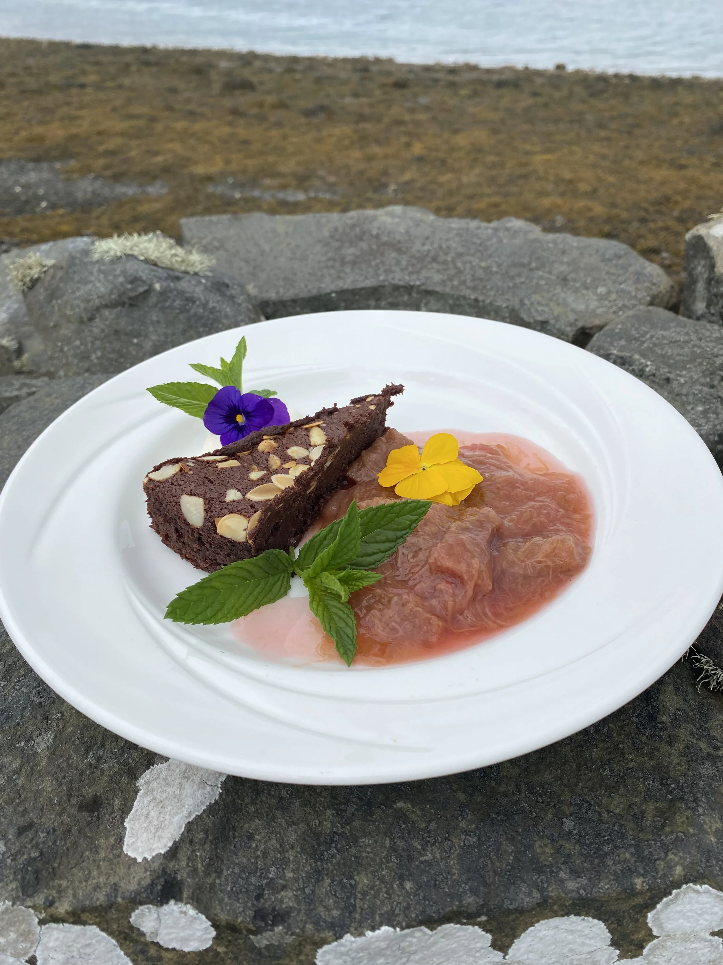 Chocolate mousse cake with poached rhubarb