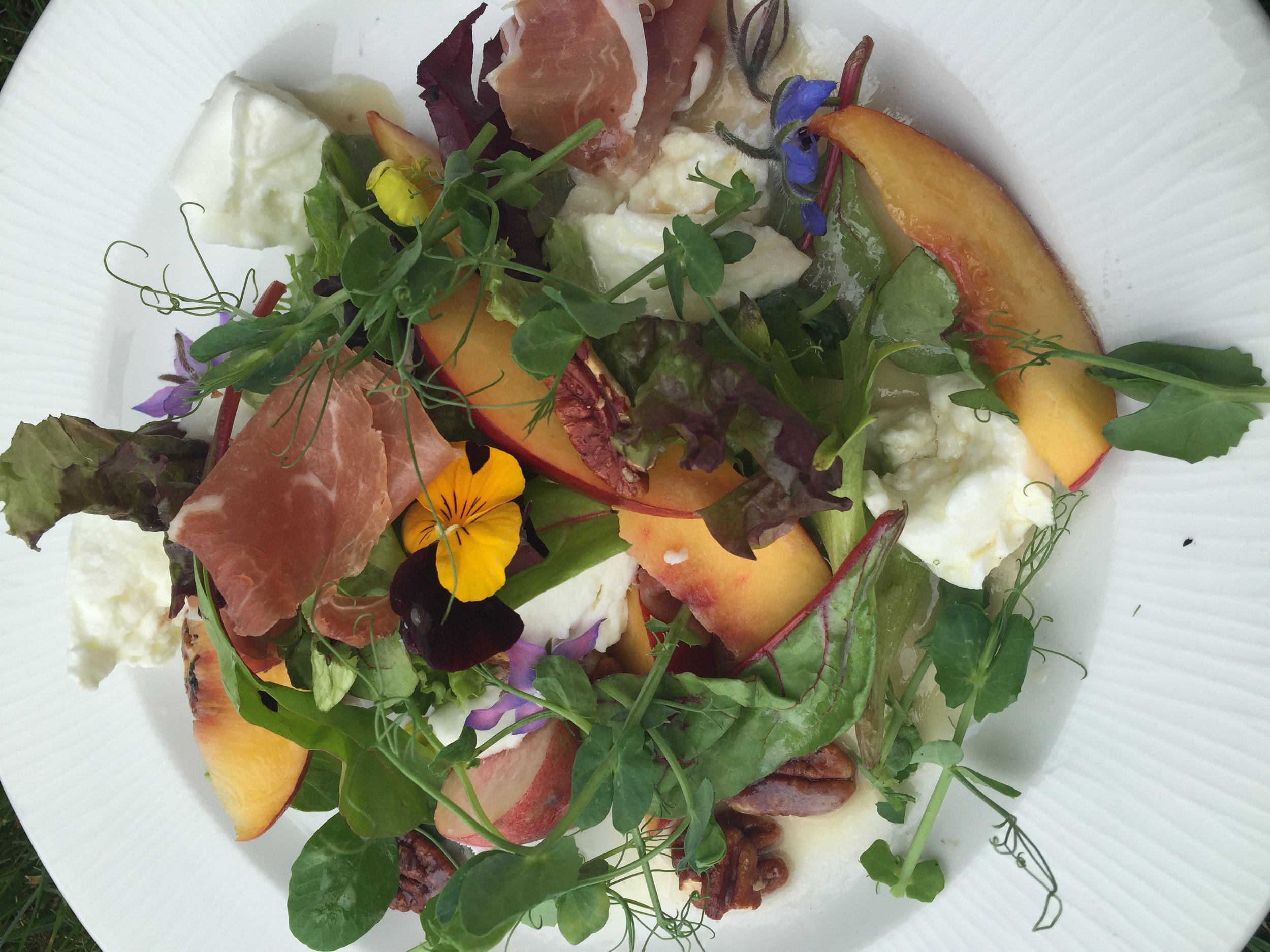 Nectarine, buffalo mozzarella and parma ham salad with honey roast pecans and a mint dressing ( seasonal)
