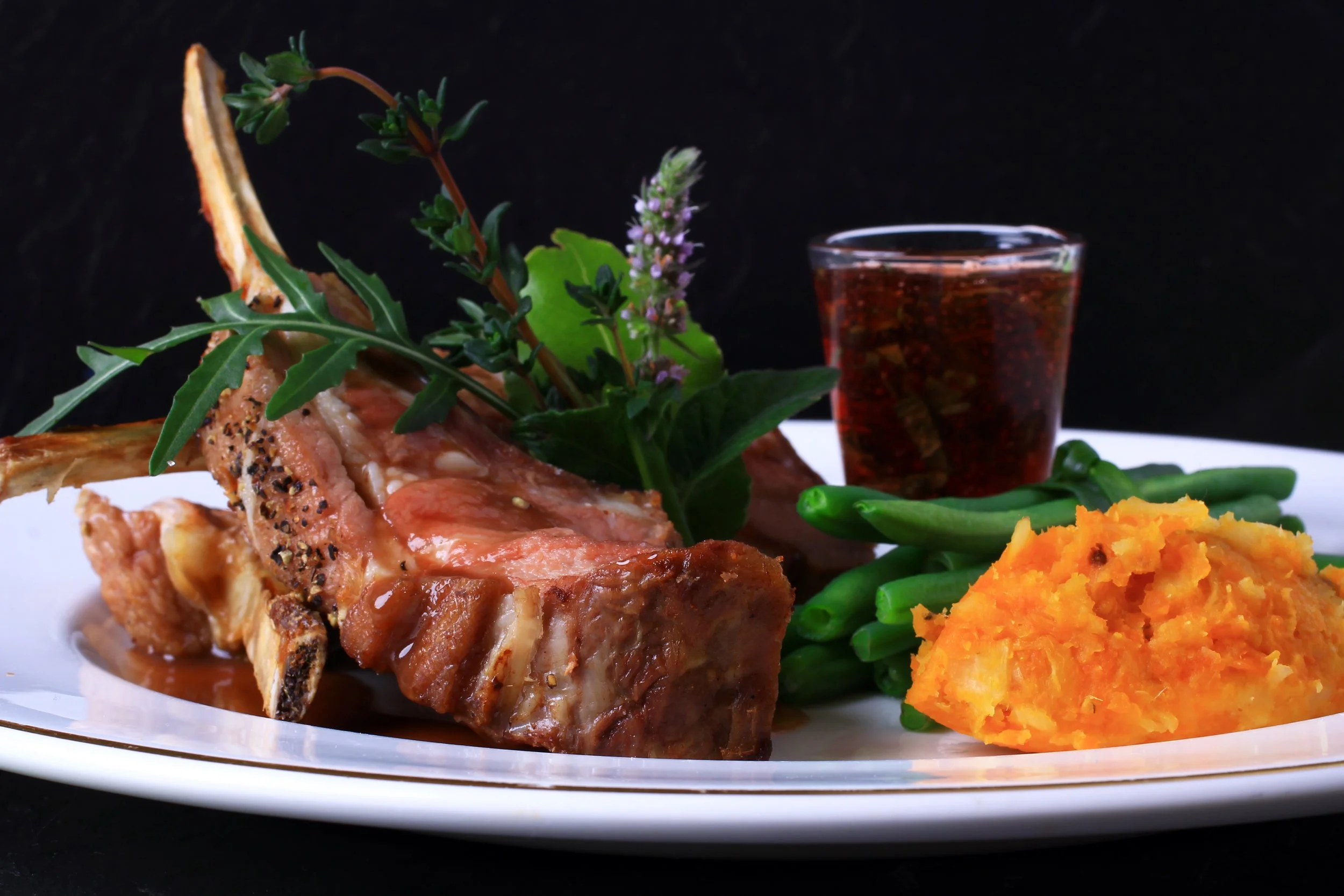 Rack of Lamb with redcurrant and red wine vinegar shot