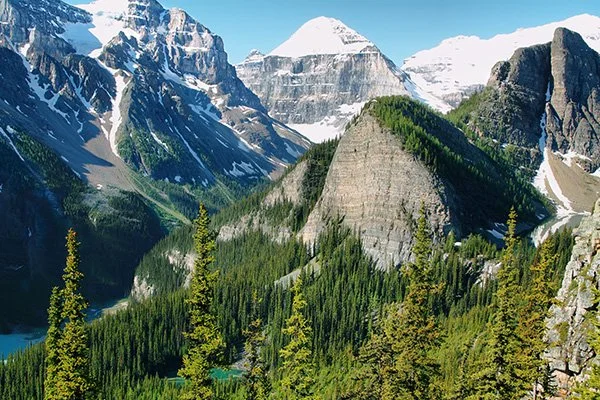 Glaciated peaks and forest above Lake Louise, Banff National Park