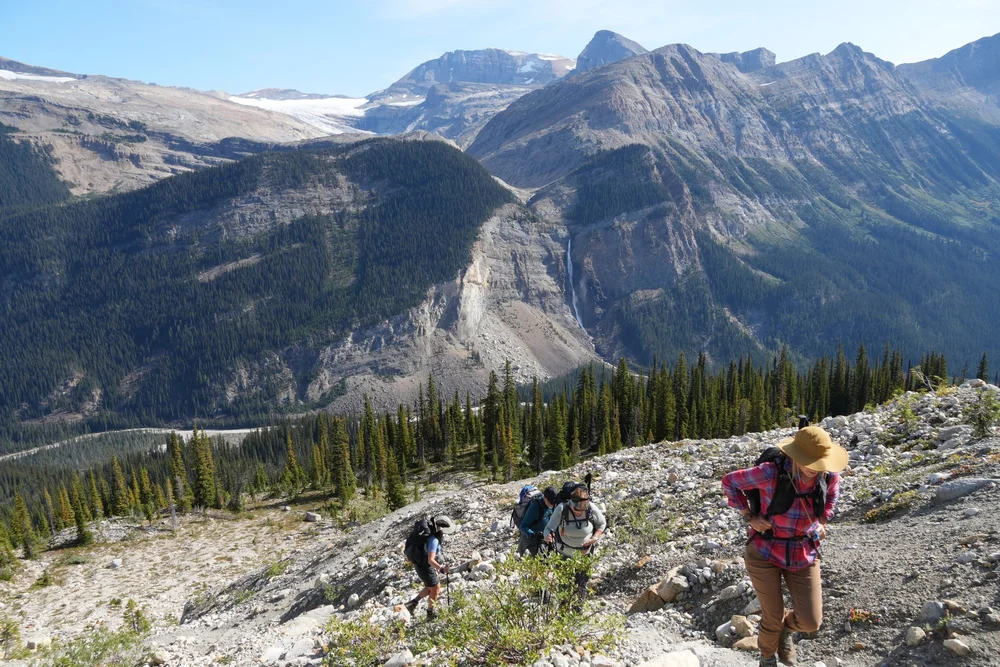 Hikers on a rocky slope of the Iceline Trail above the valley, Yoho National Park