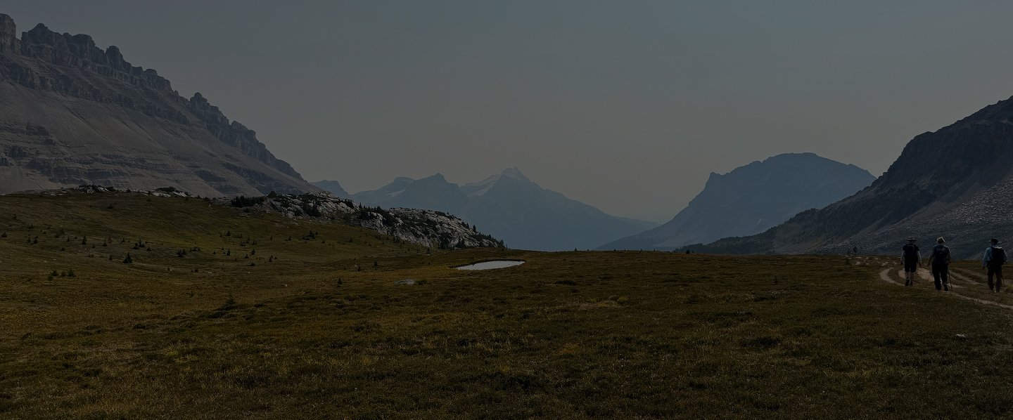 Hikers crossing an open alpine meadow below mountain peaks in the Canadian Rockies