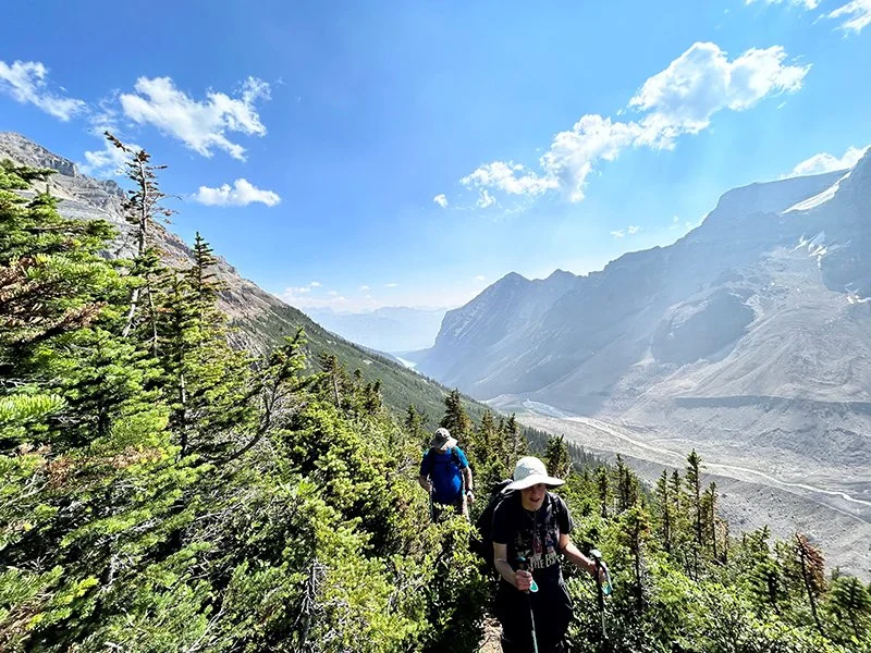 Hikers on a forested trail below glaciated peaks in the Canadian Rockies