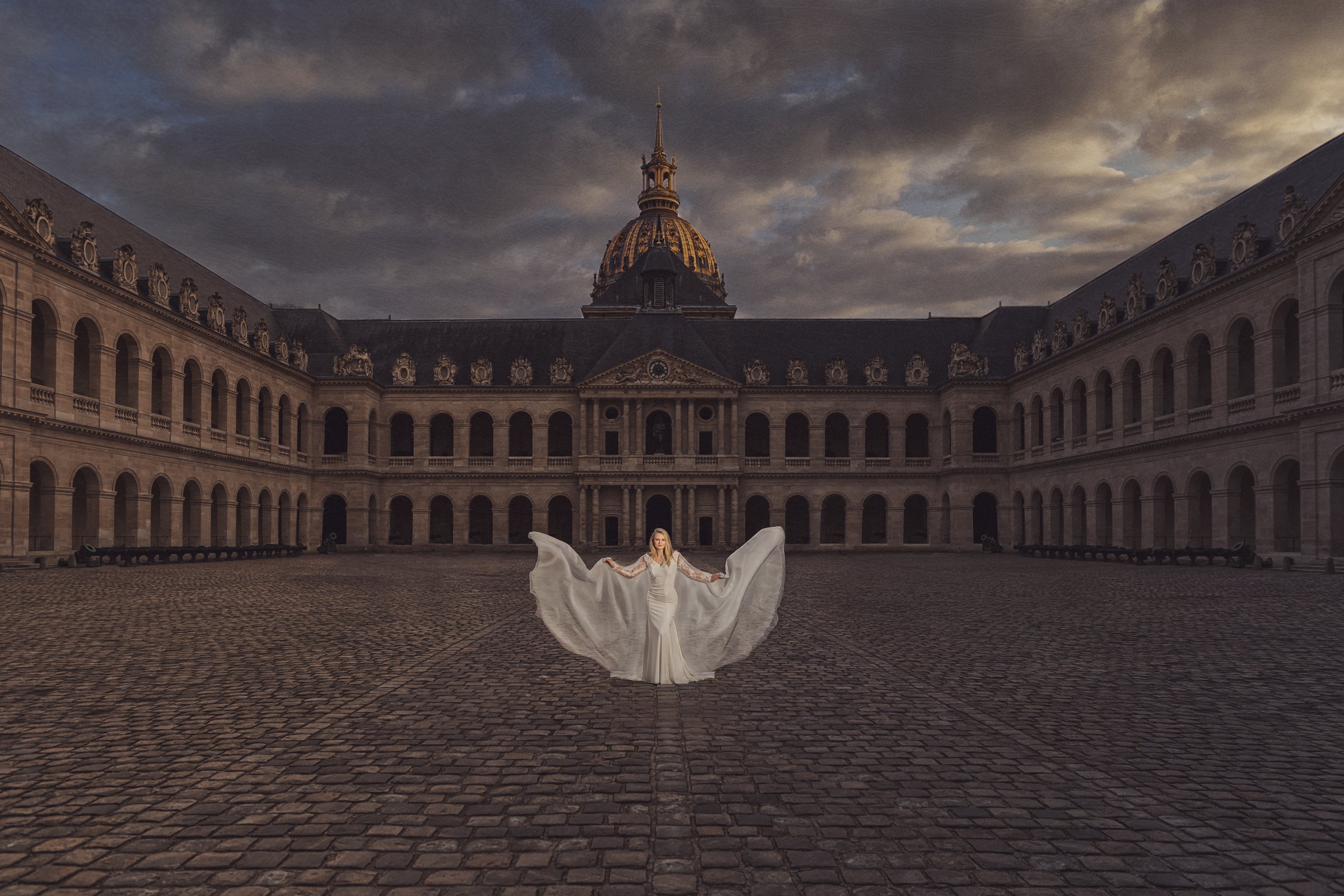 Bride in Paris France for a dramatic wedding image