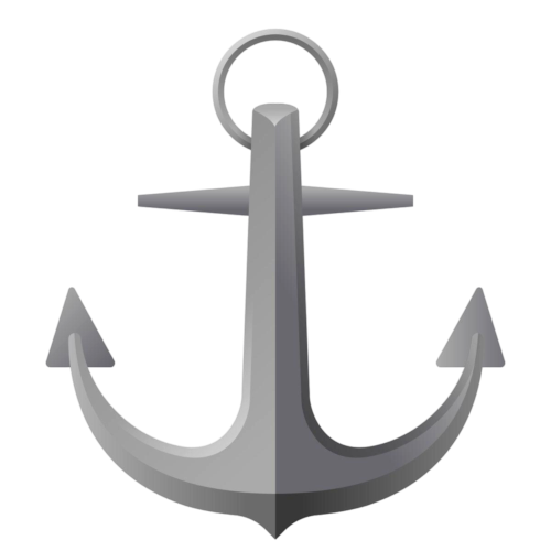 A silver anchor with a circular ring at the top, facing forward.