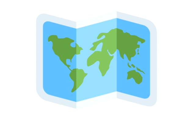 Simplified world map illustration with green continents on a blue folded paper map.