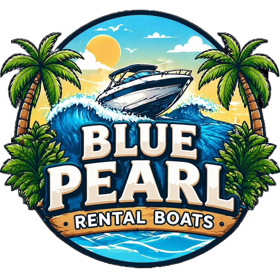 Logo for Blue Pearl Rental Boats featuring a boat on the ocean with palm trees and a sunset in the background.