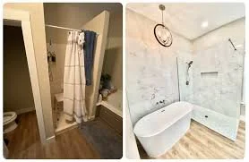 Side-by-side images of a bathroom, one shows a shower with a curtain, and the other shows a bathtub with a showerhead in an unfinished, tiled bathroom.