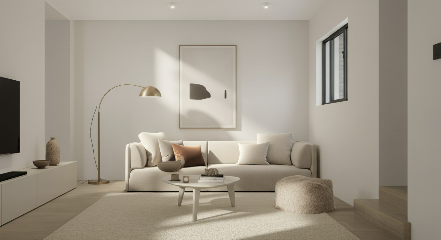 Minimalist living room with a white sofa, beige cushions, a round coffee table with books and decorative items, a textured pouf, a floor lamp, a wall-mounted television, and a window with black framing.