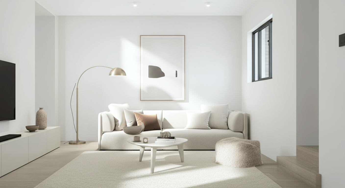 Minimalist white living room with a white sofa, a round coffee table, a plush ottoman, a floor lamp, and a wall-mounted television.