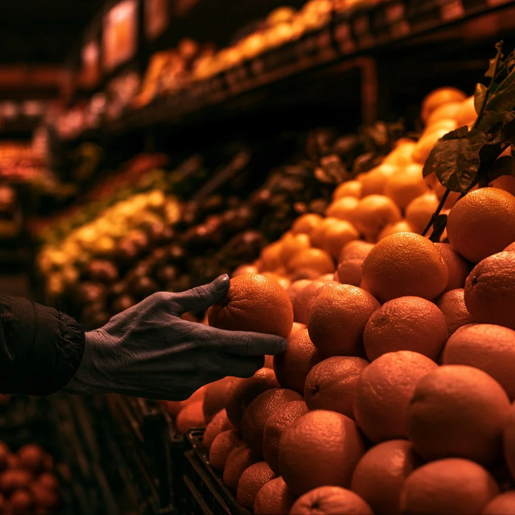 A person shopping for grapefruits in a grocery store, with a display of oranges and other fruits in the background.