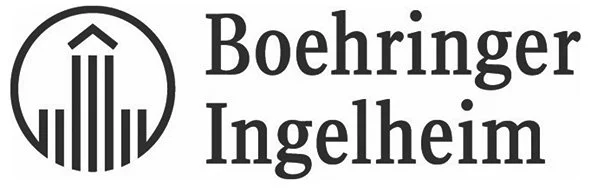 The Boehringer Ingelheim logo featuring a circular emblem with vertical lines and an upward arrow, beside the company name in black text.