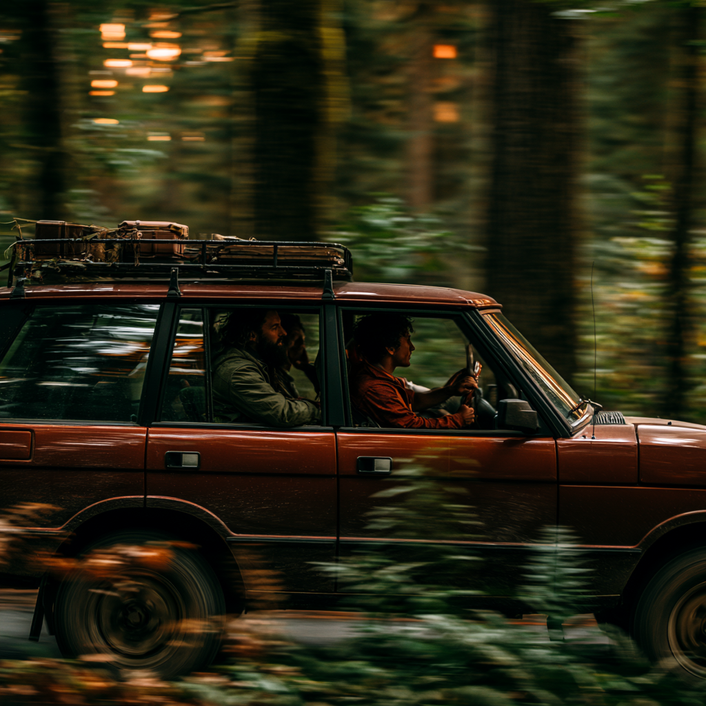 A brown SUV driving through a dense forest with blurred trees and greenery in the background, two men inside the vehicle, one driving and the other in the backseat.