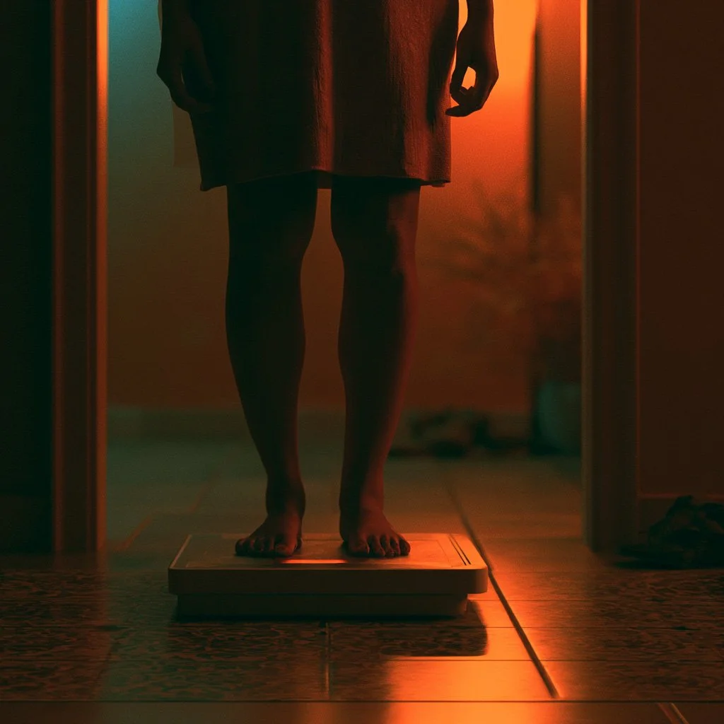 Person standing on a weighing scale in a dimly lit room with warm lighting, focusing on their legs and feet.