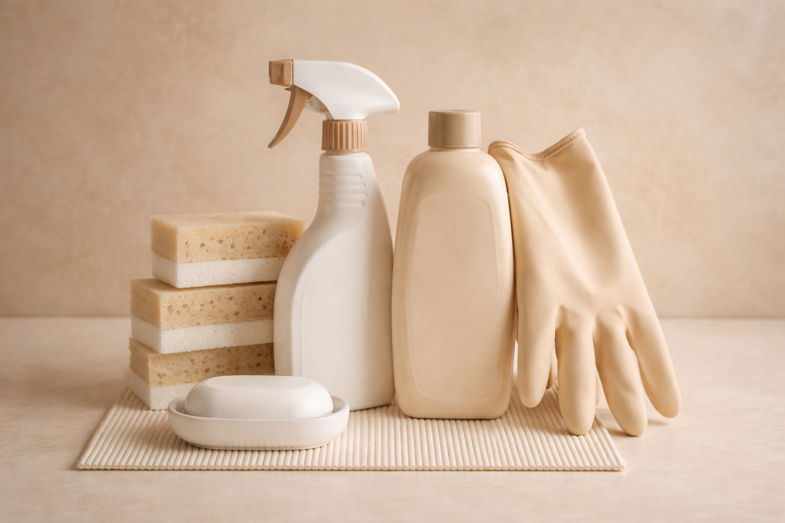 Cleaning supplies including sponges, spray bottle, bottles of soap or detergent, rubber gloves, and a bar of soap on a textured surface.