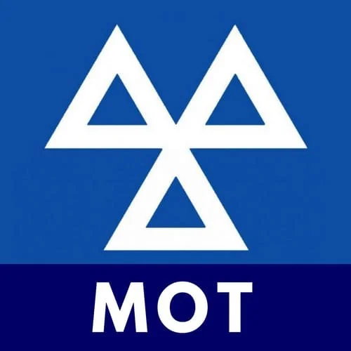 Logo with three white triangles and the letters 'MOT' on a blue background.