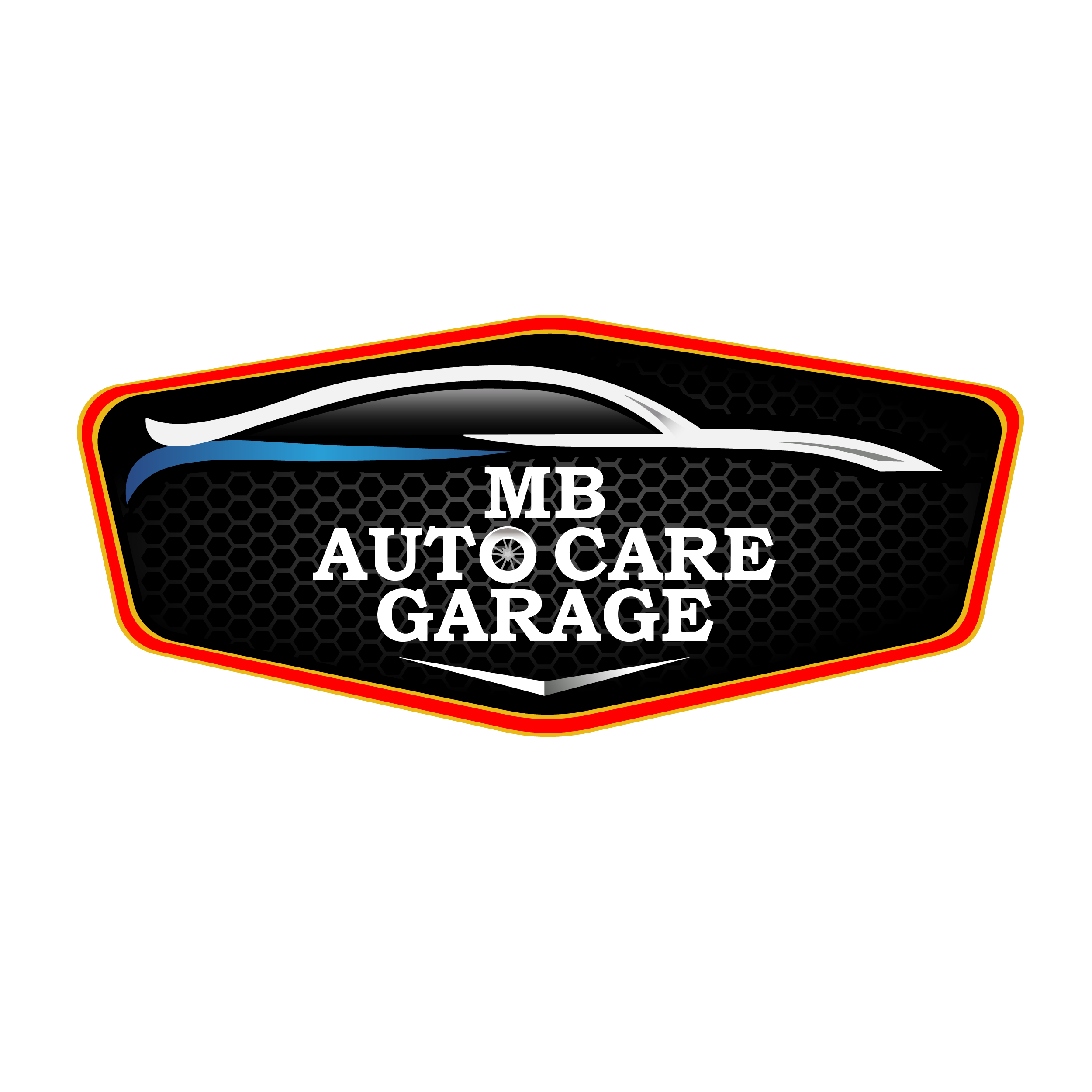 Logo for MB Auto Care Garage featuring a stylized car outline, honeycomb pattern background, and text in white reading 'MB Auto Care Garage' on a black and gold background.