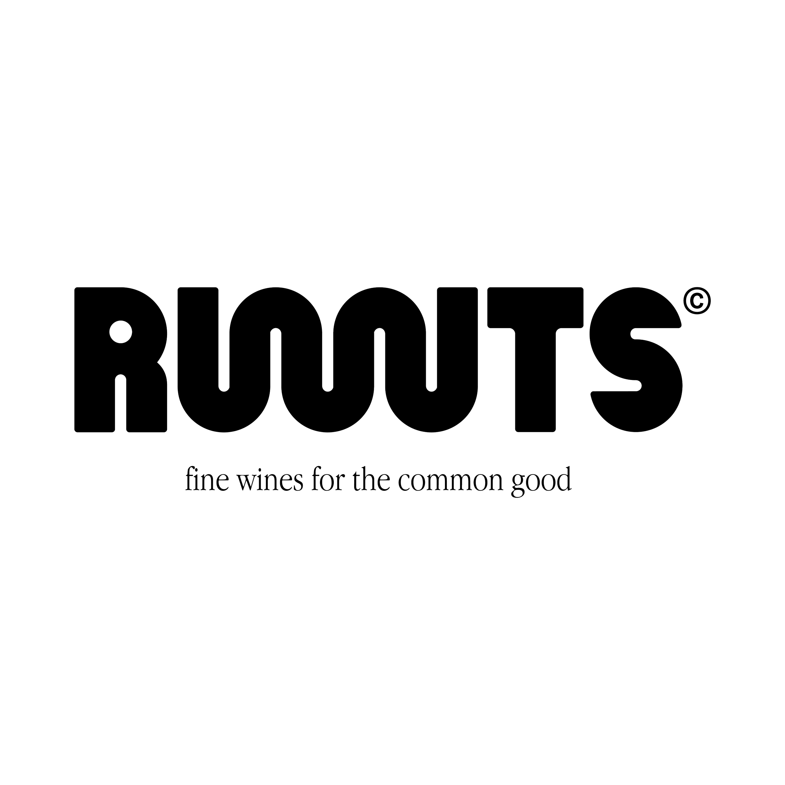 Logo de la marca ROOUTS con la frase 'vinos finos para el bien común' en un fondo negro.