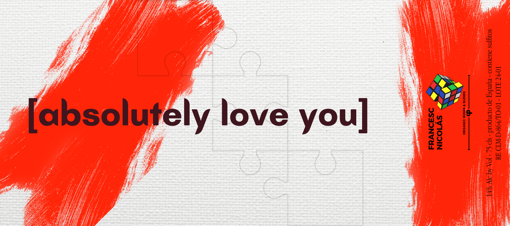 Carta de vino con fondo gris y manchas rojas, texto en negro que dice 'absolutely love you', marca y detalles en la parte inferior derecha.