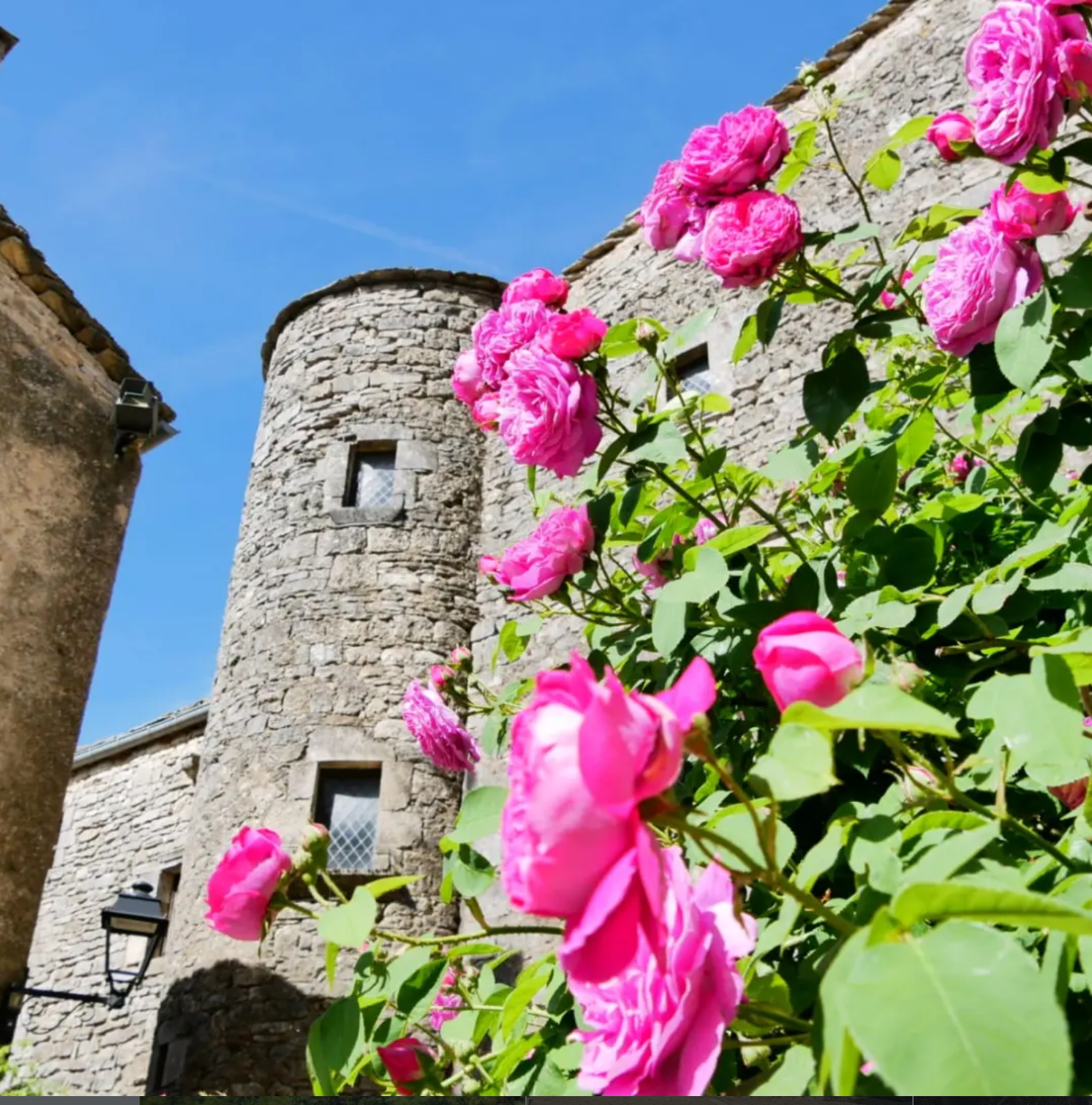 Un château en pierre avec des murs ronds, fenêtres à carreaux et une toiture en pierre, entouré de roses roses en fleurs sous un ciel bleu clair. lieu : Montpellier et alentours
