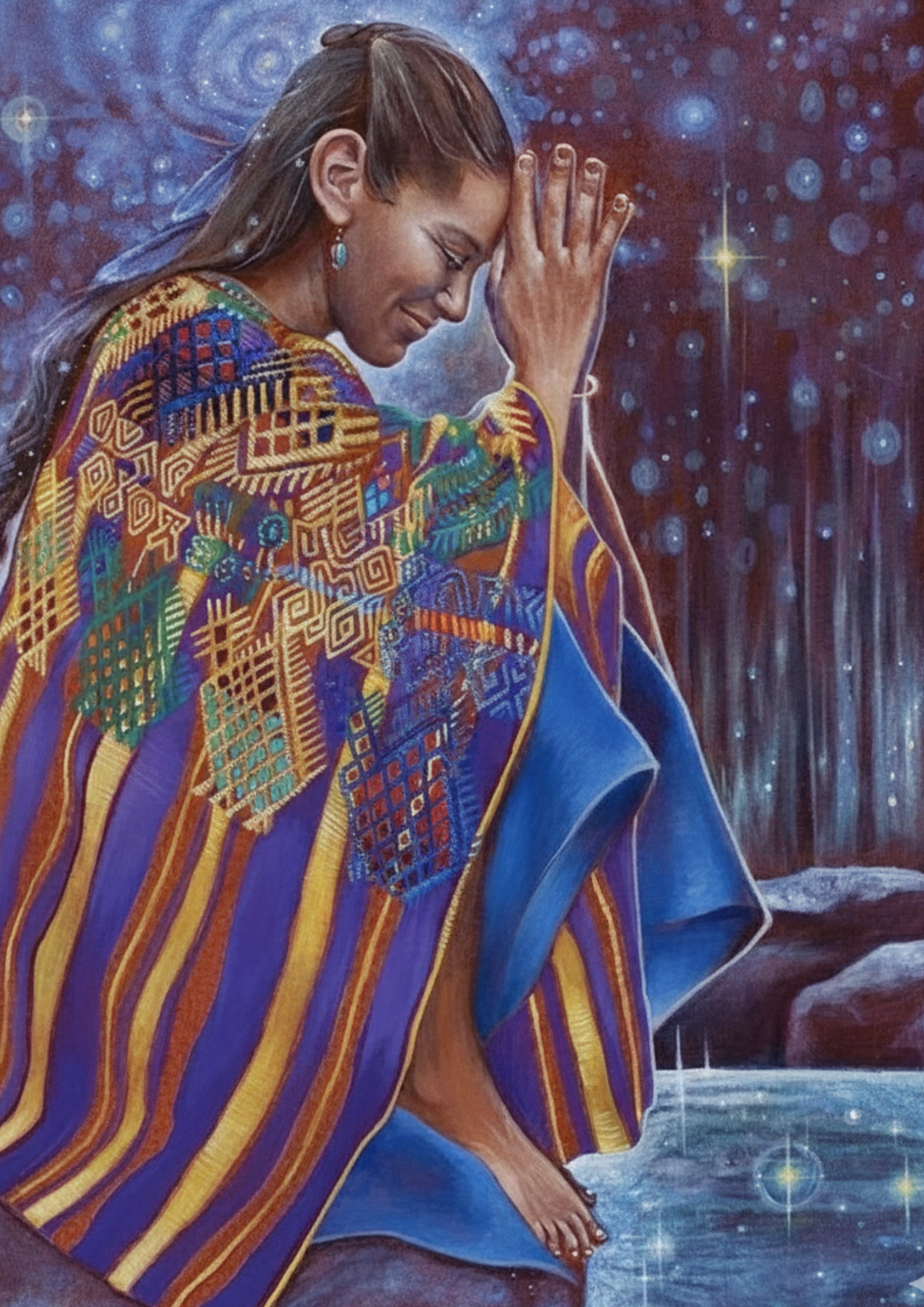 Une femme assise près de l'eau, en train de prier ou méditer, vêtue avec un vêtement coloré à motifs géométriques, dans un décor céleste étoilé.