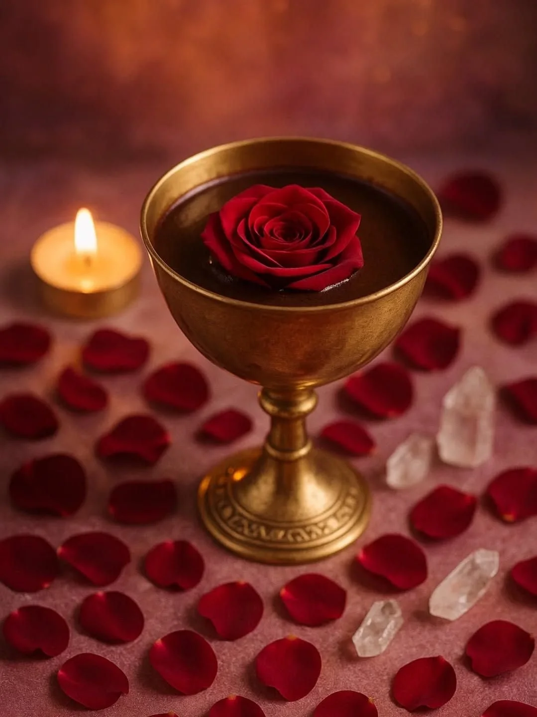 Verre doré contenant une rose rouge flottante, entouré de pétales de roses rouges, de cristaux et d'une bougie allumée sur une surface rose.