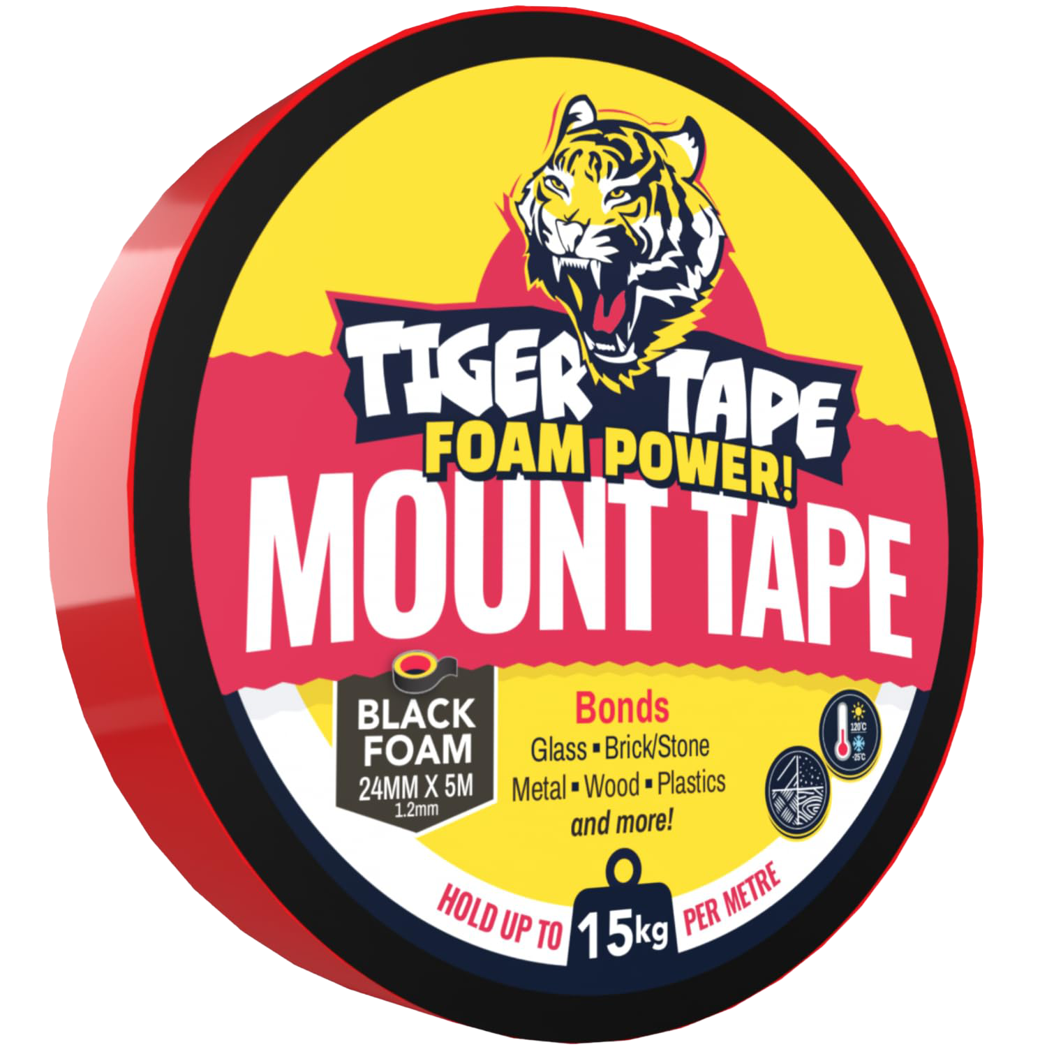 Round roll of Tiger Tape foam mounting tape with a tiger logo, yellow and red background, and black foam label. The tape is 24mm by 5m, holds up to 15kg, and is suitable for glass, brick, stone, metal, wood, plastics, and more.