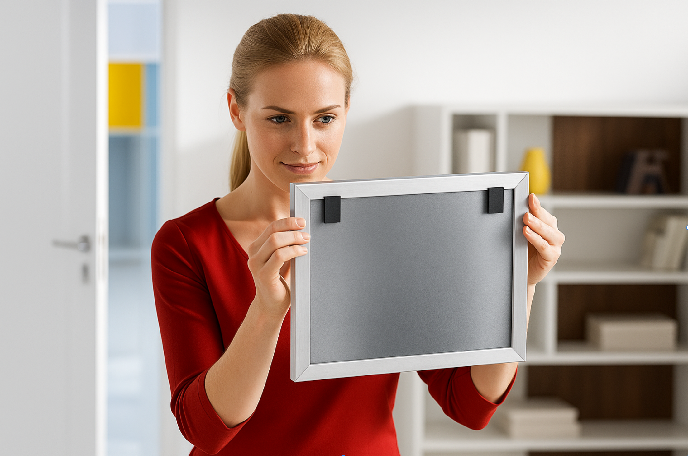 Woman in a red shirt holding a blank blackboard in an indoor setting.