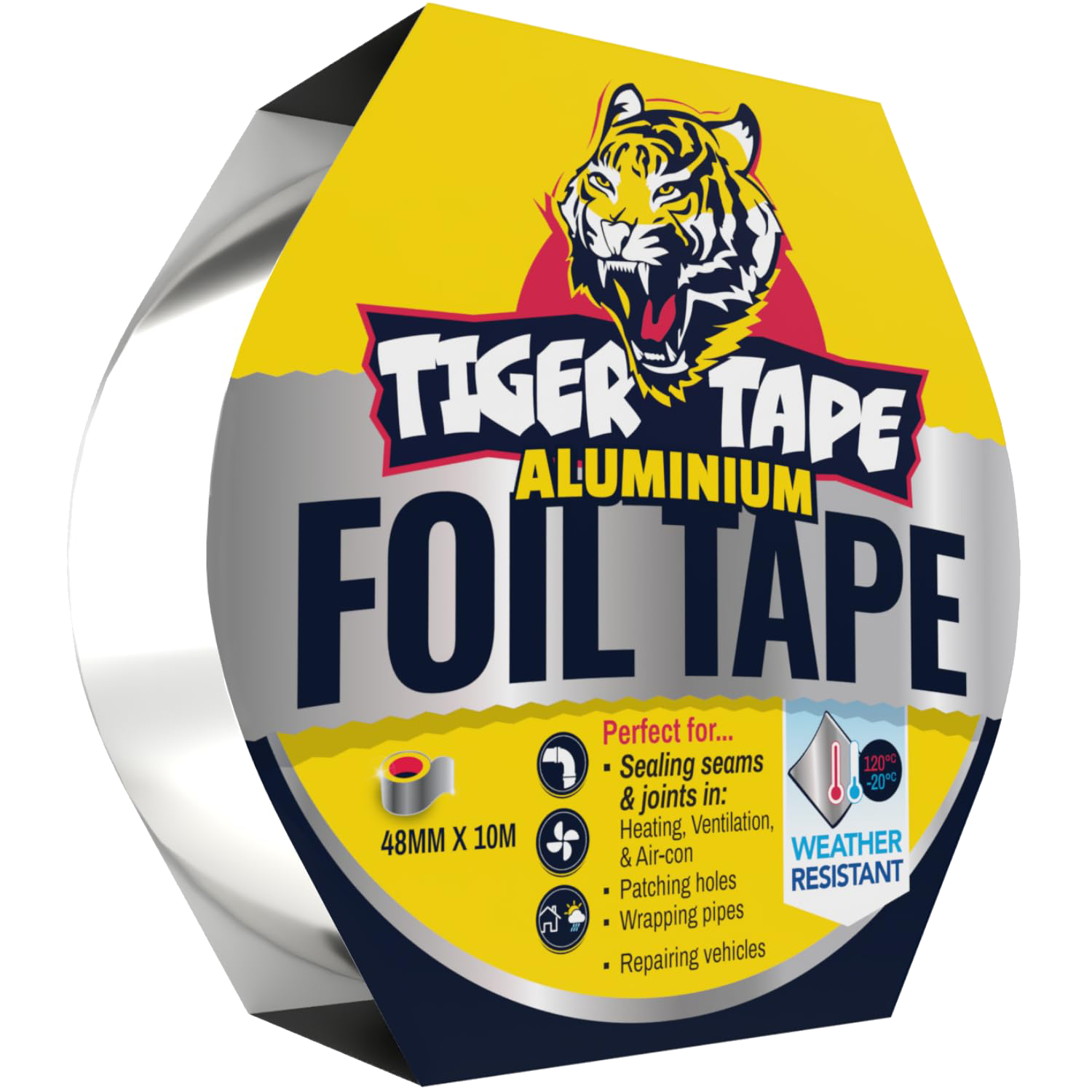 A roll of Tiger Tape aluminum foil tape with a yellow, gray, and black label, featuring a tiger logo and text indicating it is weather resistant, suitable for sealing seams, patching holes, and repairing vehicles.