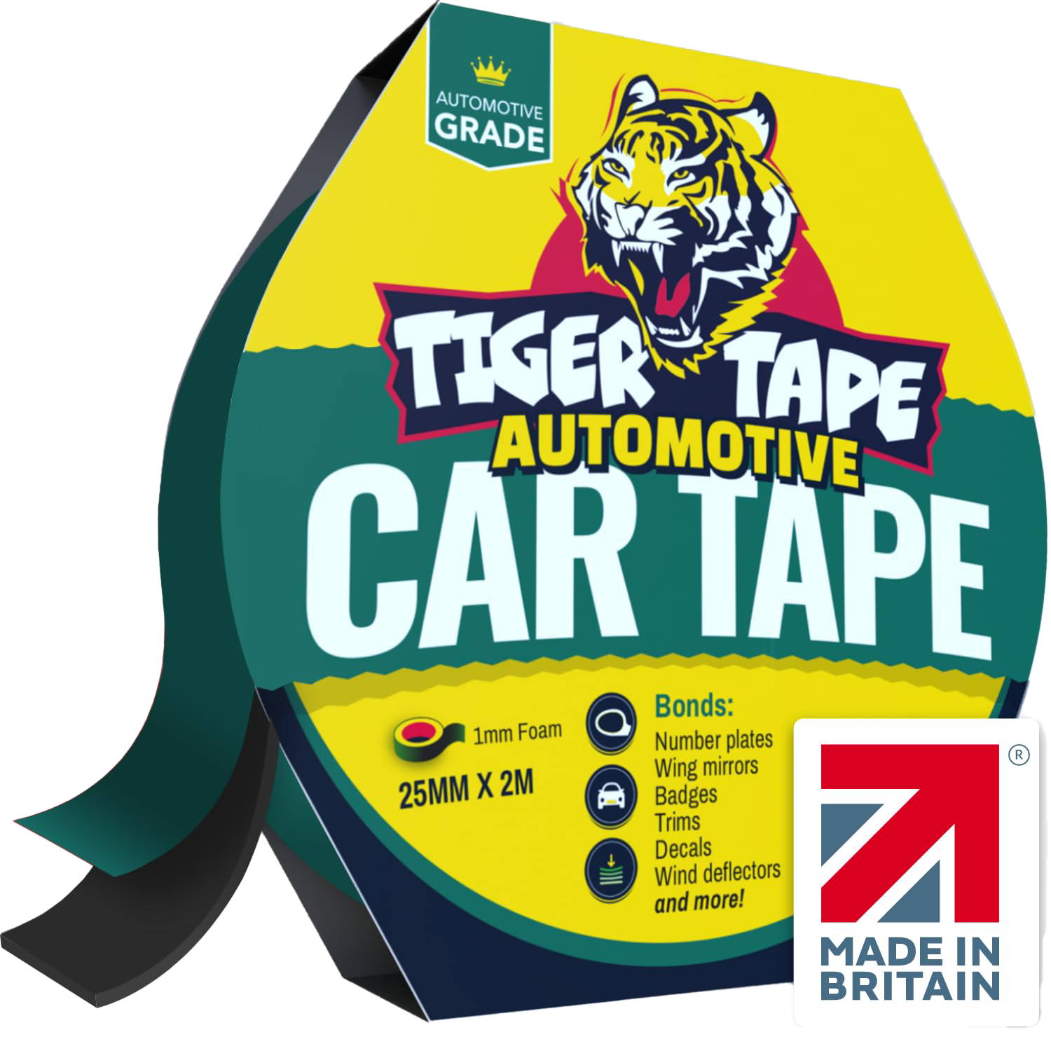 Colorful roll of Tiger Tape automotive car tape with a yellow background, a tiger logo, and a "Made in Britain" label in the bottom right corner.