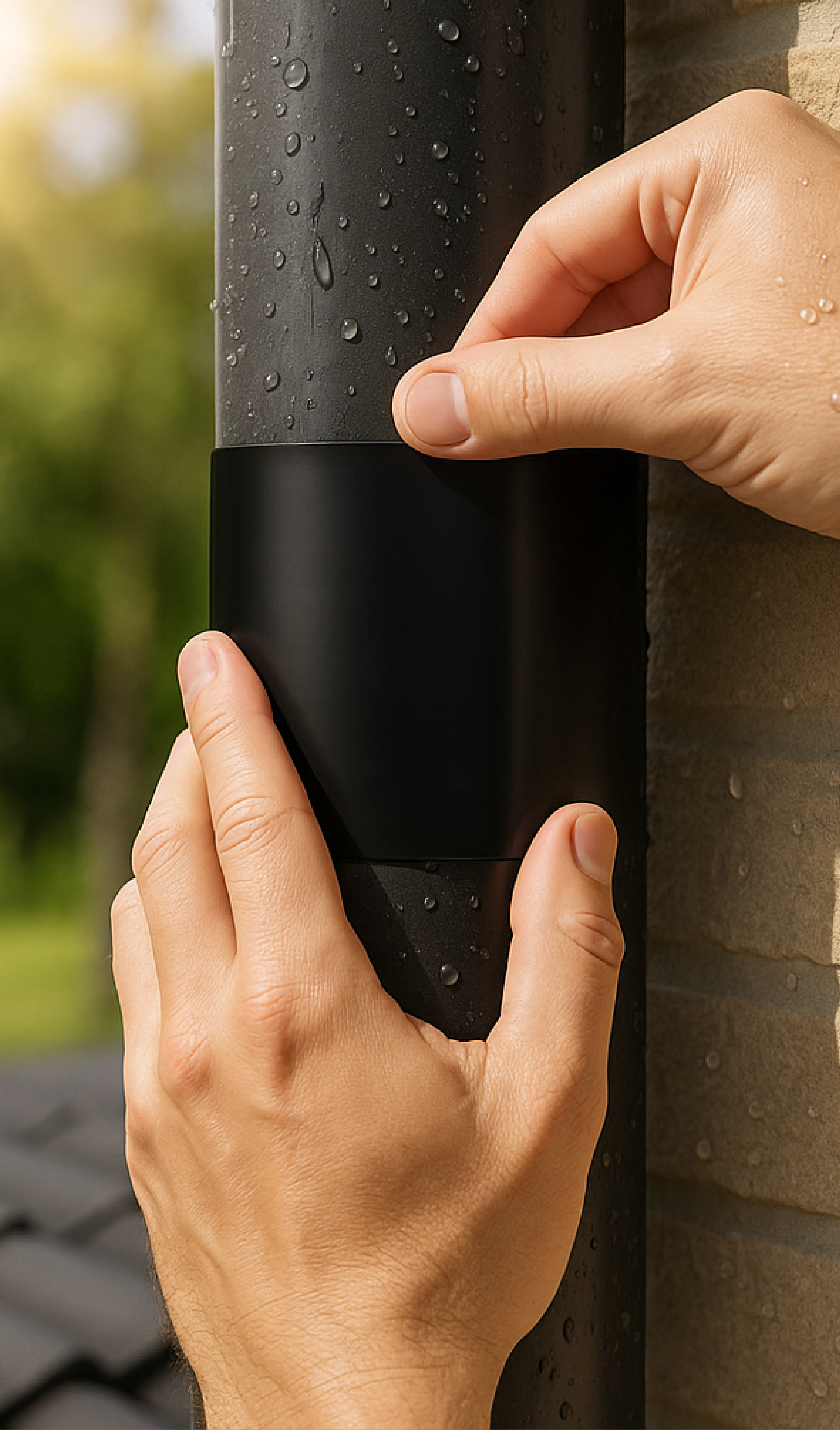 Hands installing a black outdoor security camera on a wall, with water droplets on the camera.