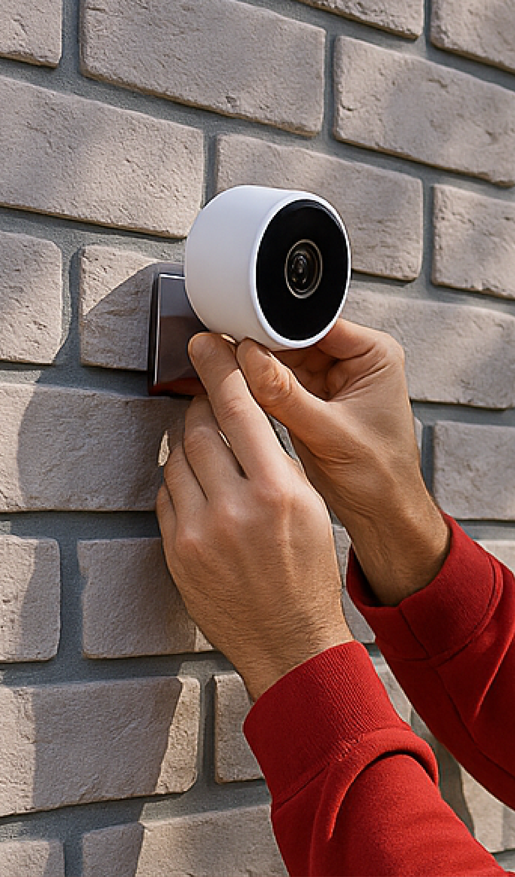 Person installing a white security camera on a brick wall.