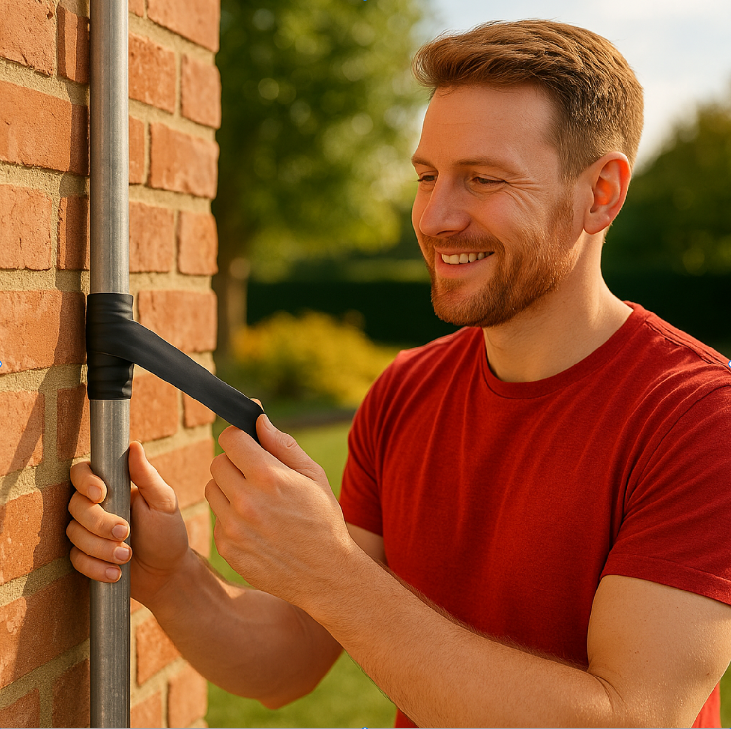 A man with a beard and red hair smiling as he secures a black tape around a metal pole against a brick wall outside in the sunlight.