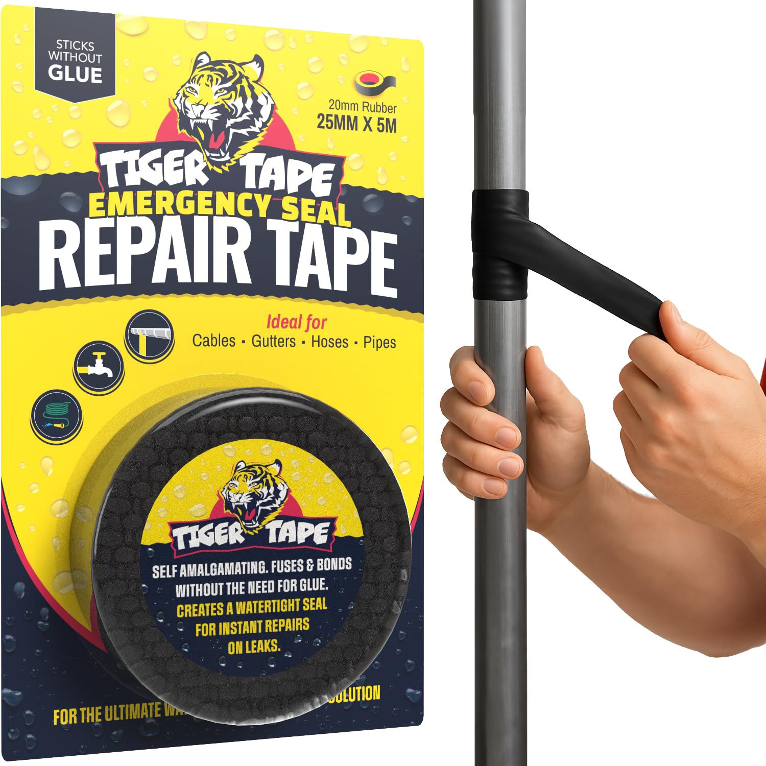 Product packaging for Tiger Tape emergency seal repair tape, with a person applying the tape to a pipe. The packaging features a tiger logo and highlights that the tape is self-amalgamating, waterproof, and ideal for sealing leaks in cables, gutters, hoses, and pipes.