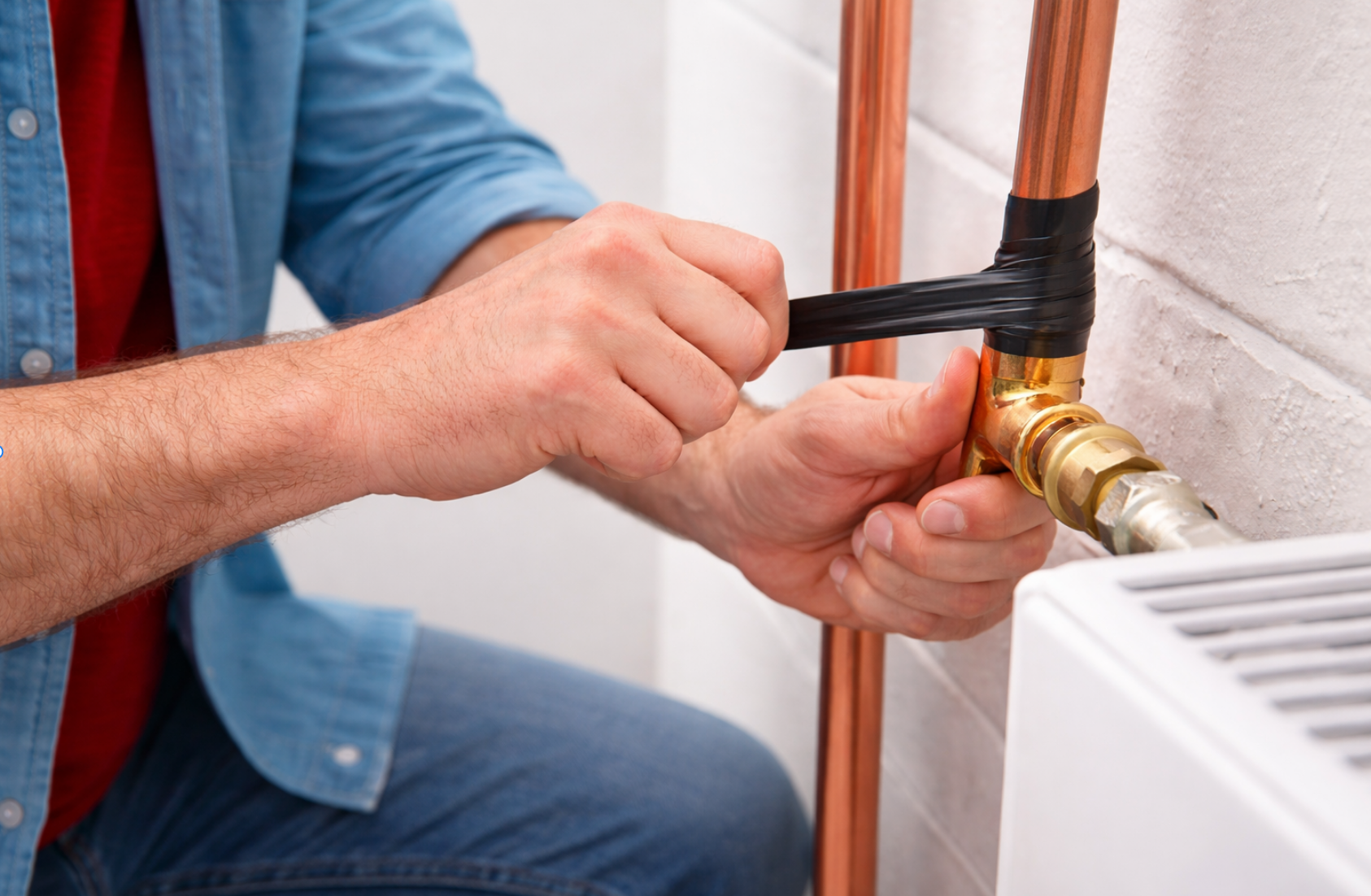 Person repairing or installing plumbing pipes connected to a radiator heating system.