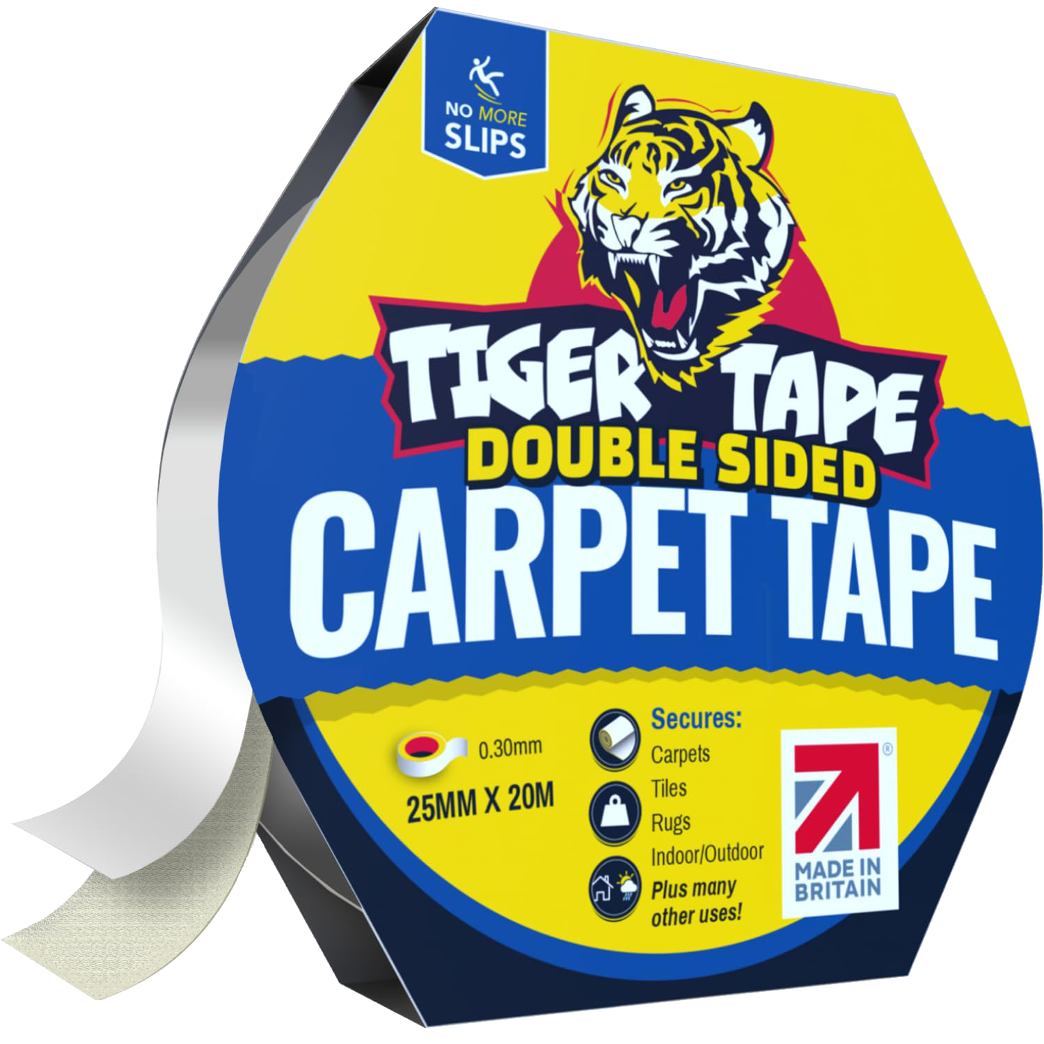 A roll of Tiger Tape double-sided carpet tape with a yellow, blue, and black label. The label features a tiger head logo, a blue section indicating 'No More Slips,' and text describing the tape's features, including 25mm by 20m size, 0.30mm thickness, and uses for securing carpets, tiles, rugs, indoors and outdoors. The label notes it is made in Britain.