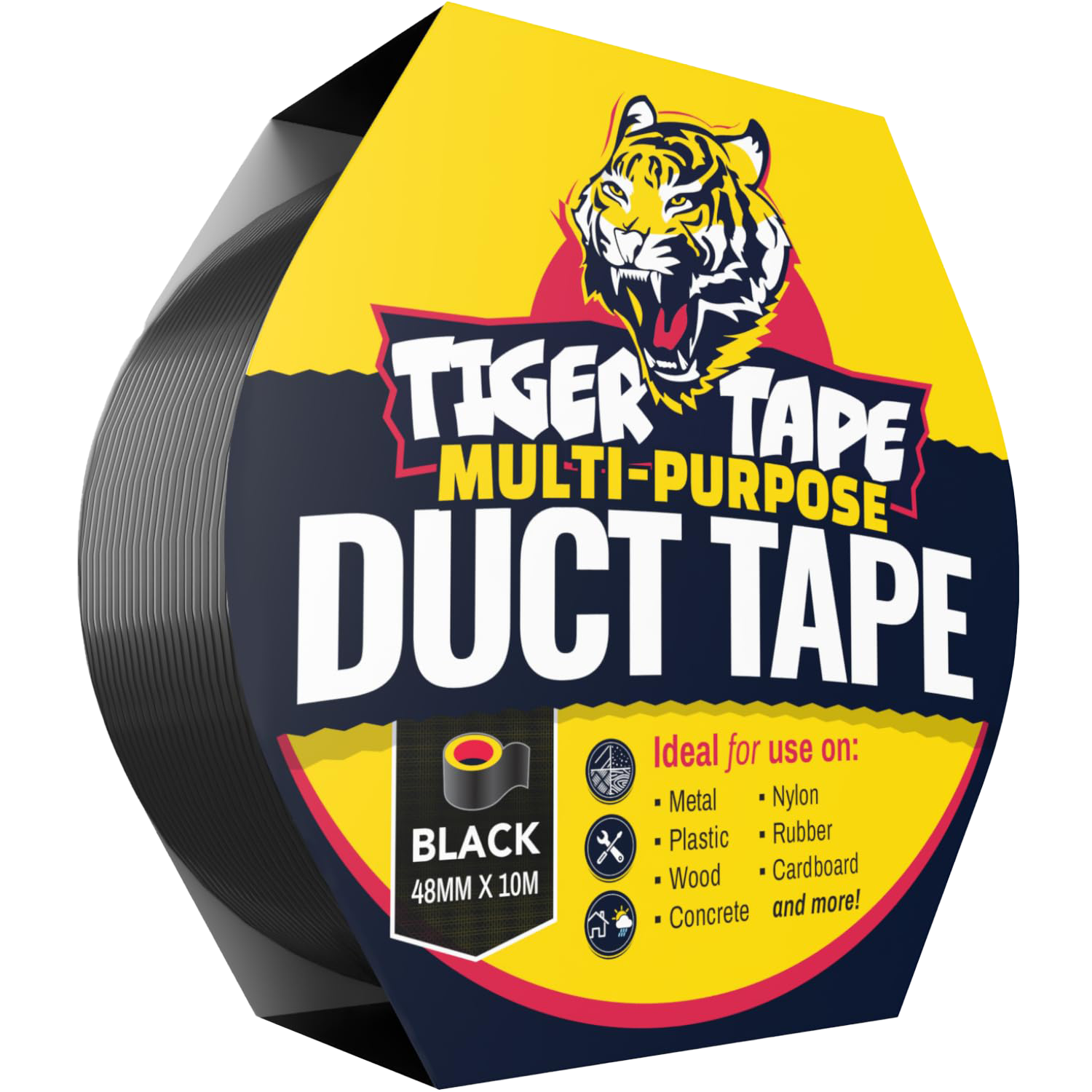 Close-up of Tiger Tape multi-purpose duct tape roll with yellow, black, and red label featuring a tiger illustration, and text indicating black color, 48mm x 10m, suitable for metal, plastic, wood, concrete, nylon, rubber, and cardboard.