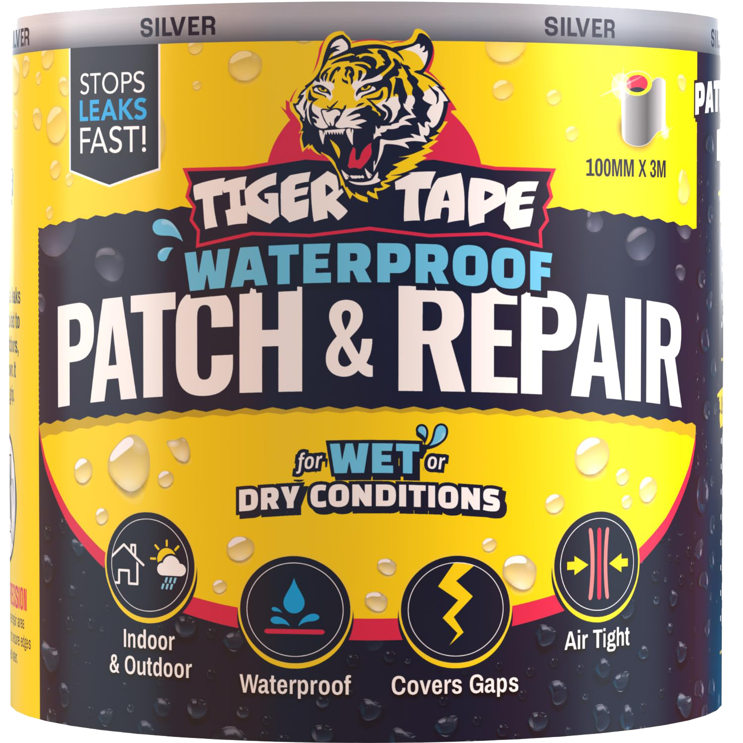 Packaging of Tiger Tape Waterproof Patch and Repair tape, designed for indoor and outdoor use, waterproof, covers gaps, and air tight, with a yellow and black design with water droplets and a tiger logo.