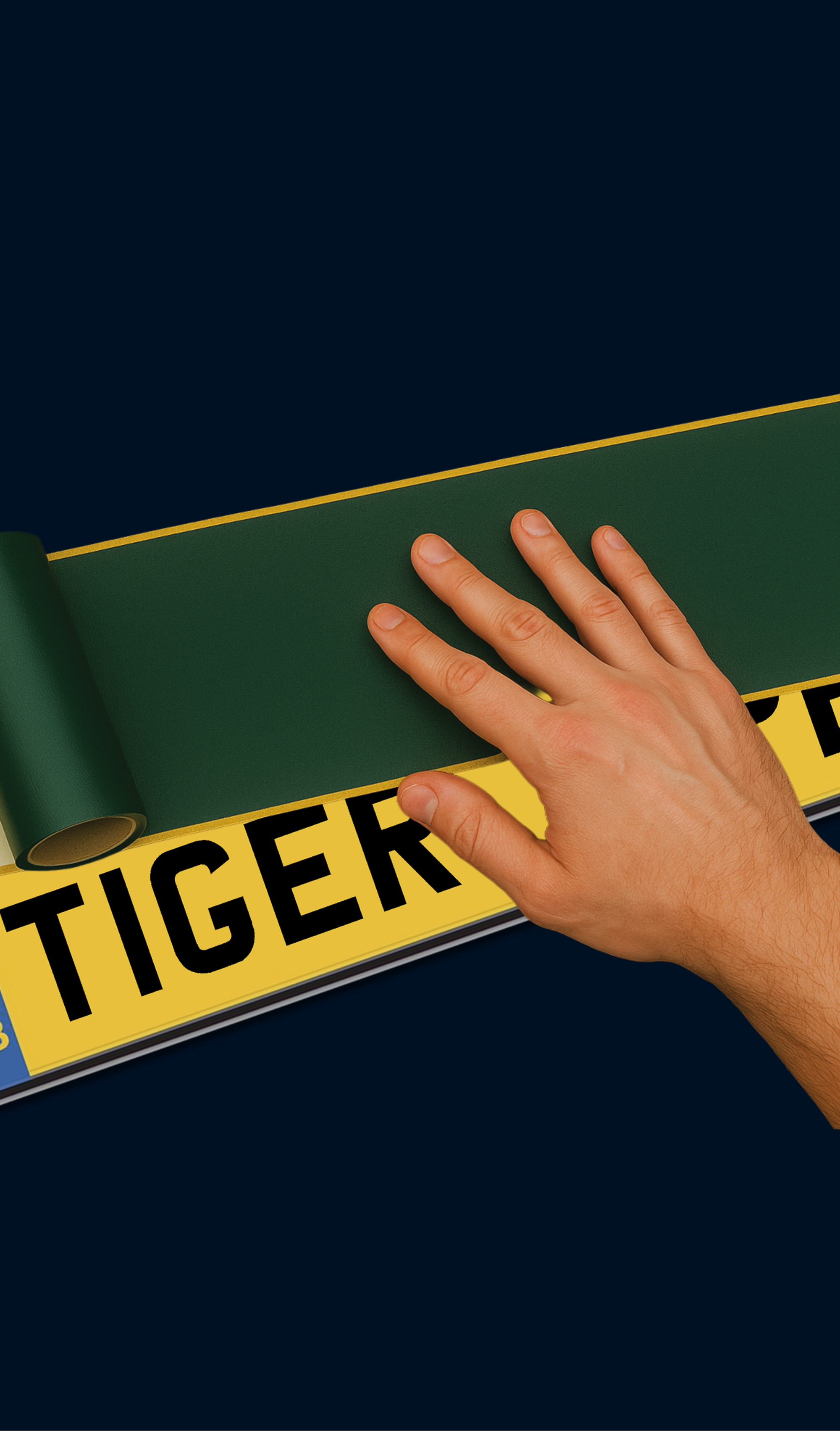 A hand peeling a corner of a poster or sticker with the word 'TIGER' in bold black letters on a yellow background, against a dark blue background.