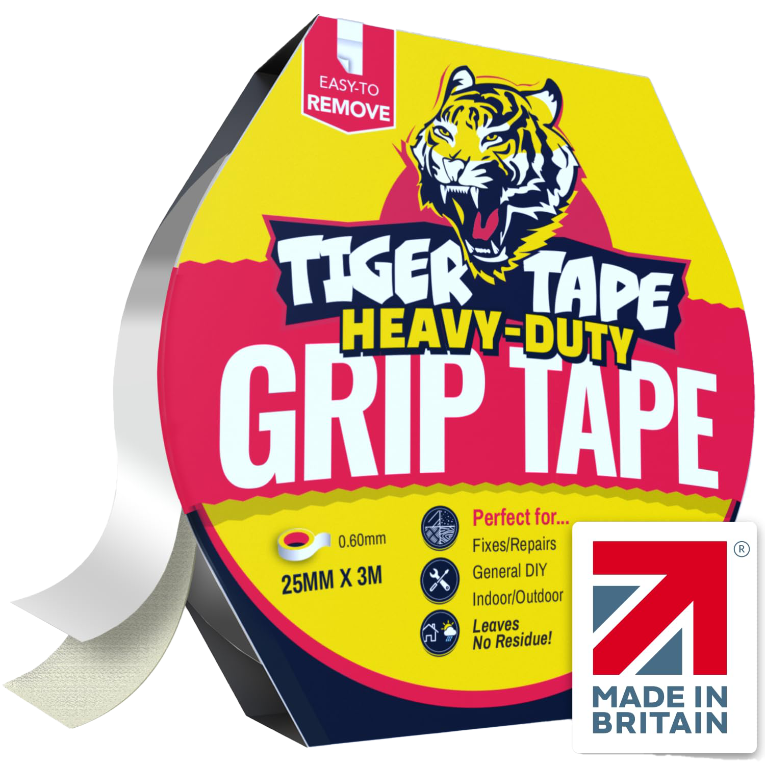 A roll of Tiger Tape Heavy-Duty Grip Tape with a yellow, red, and black design, featuring a roaring tiger illustration. The packaging highlights easy removal, 25mm by 3m size, and suitability for fixing, repairs, and general DIY both indoors and outdoors. It also mentions it leaves no residue and is made in Britain.