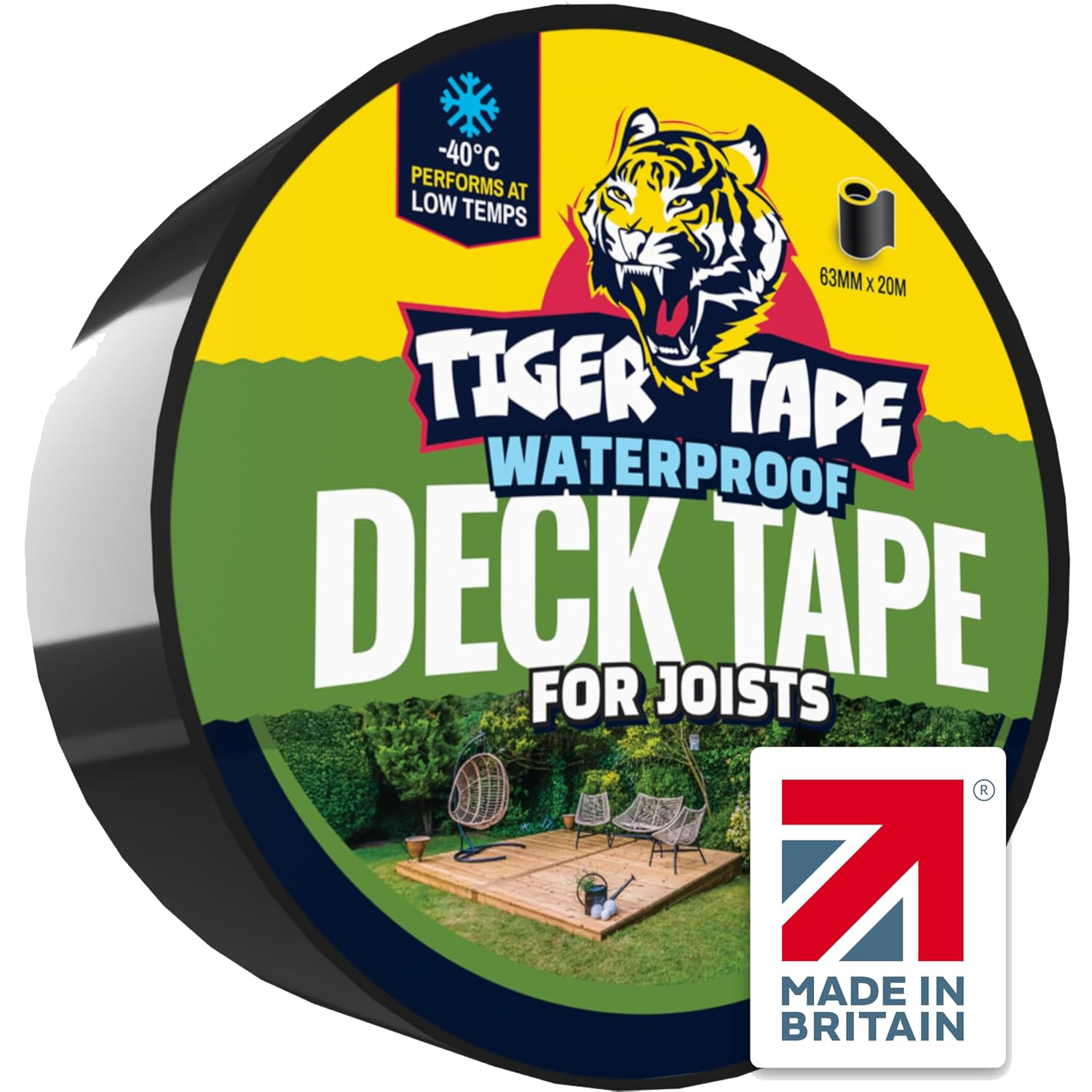 A roll of Tiger Tape waterproof deck tape designed for joists, with a label indicating it performs at low temperatures, is 63mm wide and 20m long, made in Britain, featuring a colorful tiger logo and an image of an outdoor deck with furniture.